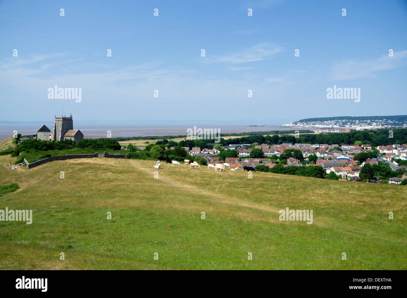 Weston and St Nicholas Church, from Uphill, Weston-Super-Mare, Somerset, England. Stock Photo