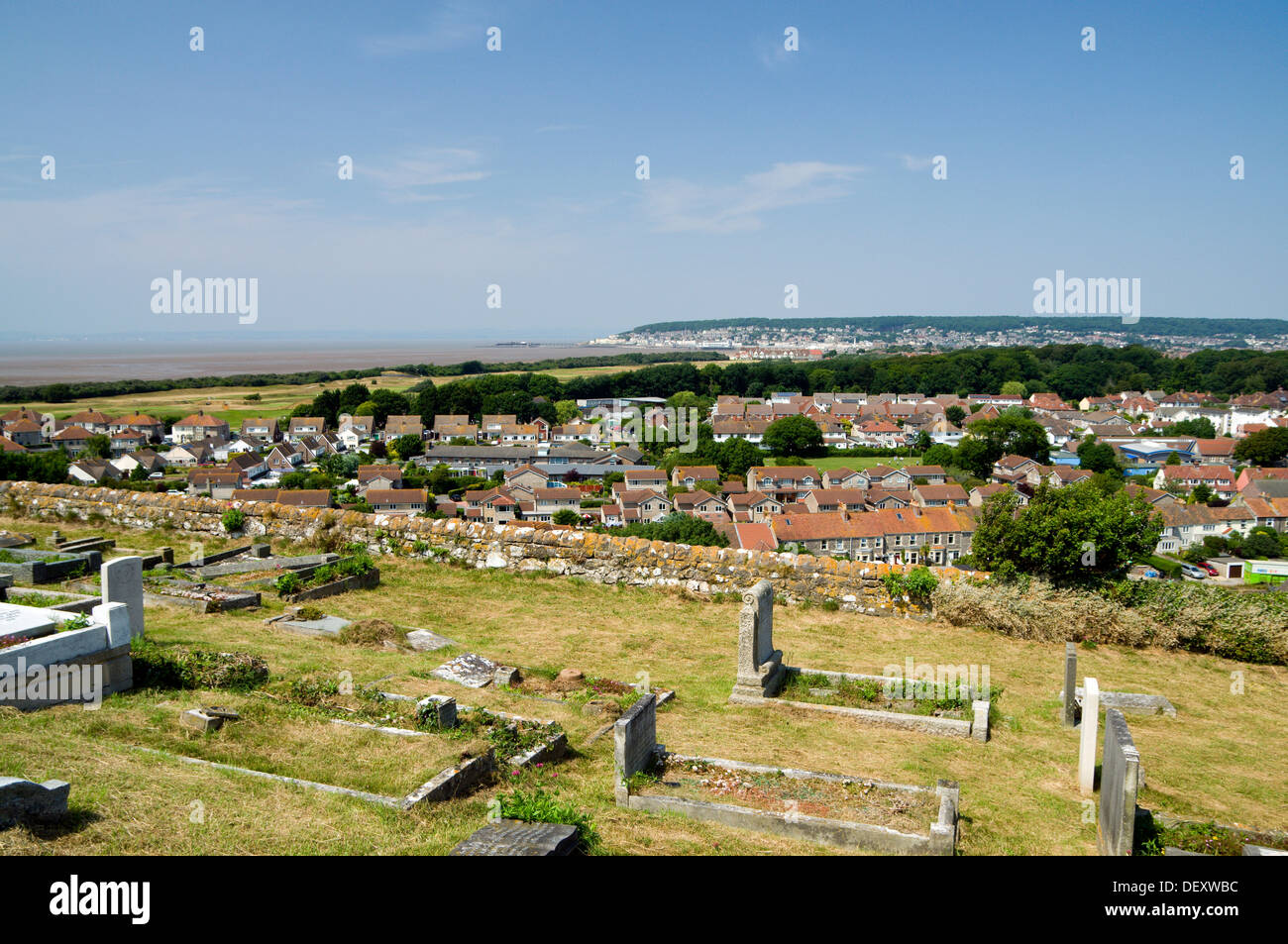 View of  weston-super-mare from St Nicholas church, Uphill hill, Somerset, England. Stock Photo