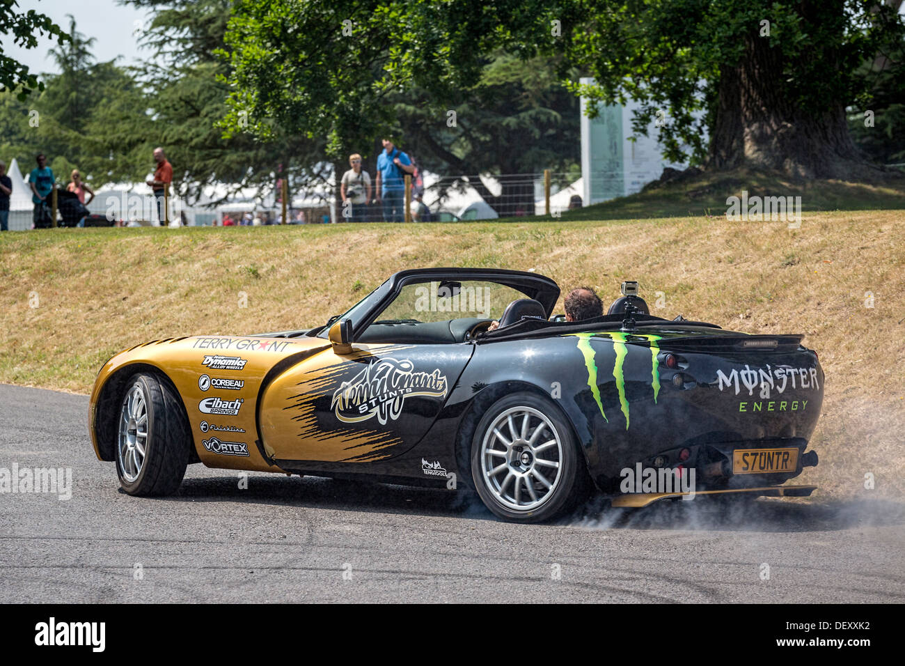 Terry Grant in his TVR Tamora stunt car at the bottom of the hillclimb, 2013 Goodwood Festival of Speed, Sussex, UK. Stock Photo