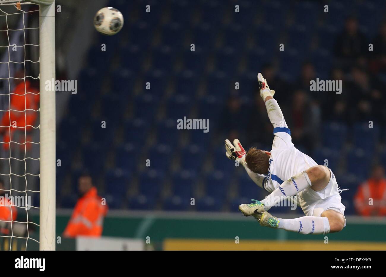 Bielefeld, Germany. 24th Sep, 2013. Bielefeld's goalkeeper Patrick Platins during the DFB Cup match between Arminia Bielefeld and Bayer Leverkusen at Schueco Arena in Bielefeld, Germany, 24 September 2013. Photo: FRISO GENTSCH/dpa/Alamy Live News Stock Photo