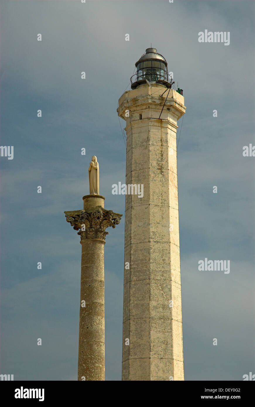 The lighthouse and the statue of the Virgin Mary in Marina Di Leuca, Puglia, Italy, Europe Stock Photo