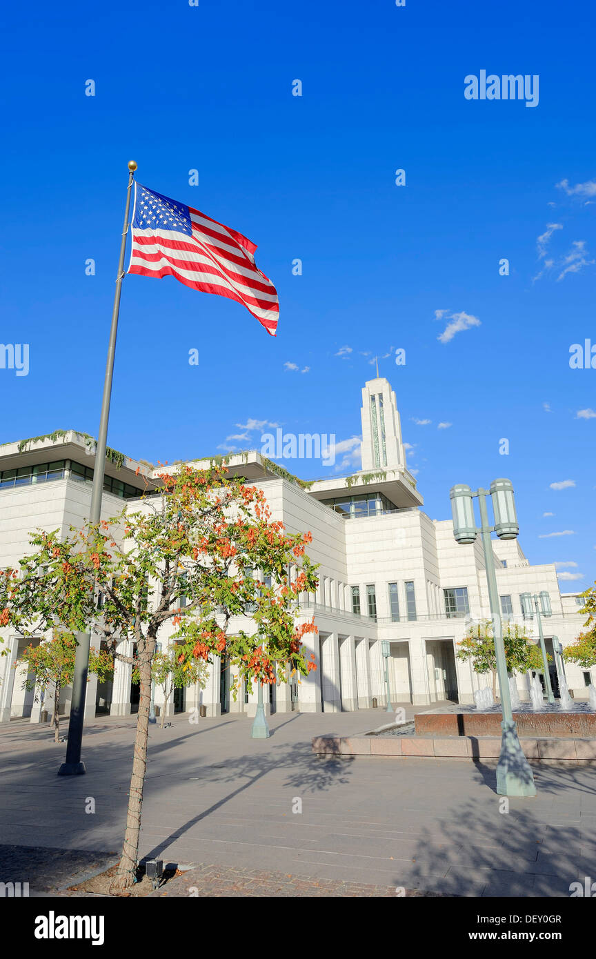 Stars and Stripes, flag of the USA in front of the Conference Centre of the Church of Jesus Christ of Latter-day Saints Stock Photo