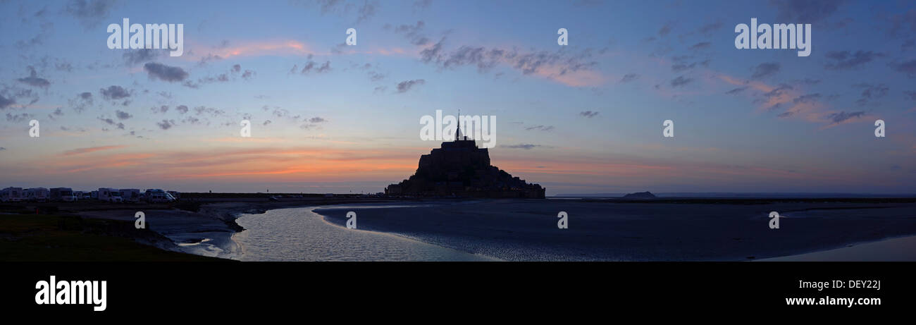The abbey on top of the rocky island Mont-Saint-Michel seen from the south at sunset, Basse-Normandie, France, Europe Stock Photo