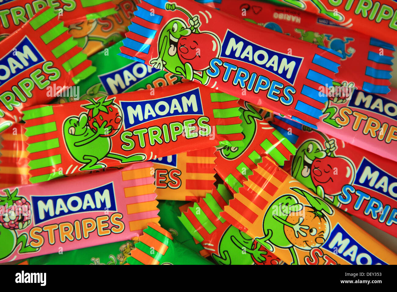 Children's fruit flavoured chewy sweets, Maoam Stripes, in colourful wrappers Stock Photo