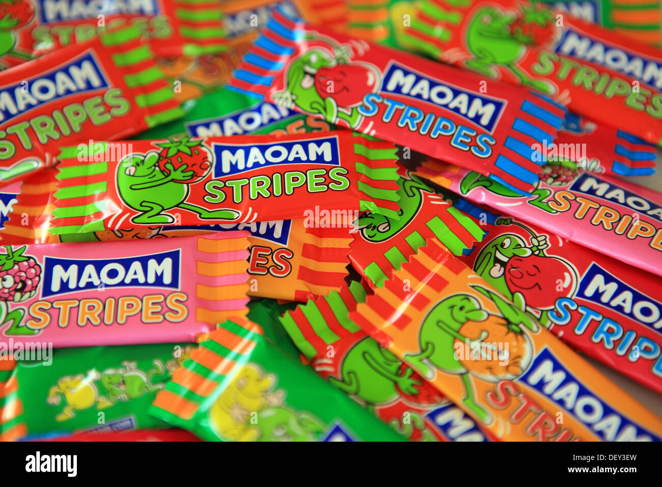 Children's fruit flavoured chewy sweets, Maoam Stripes, in colourful wrappers Stock Photo