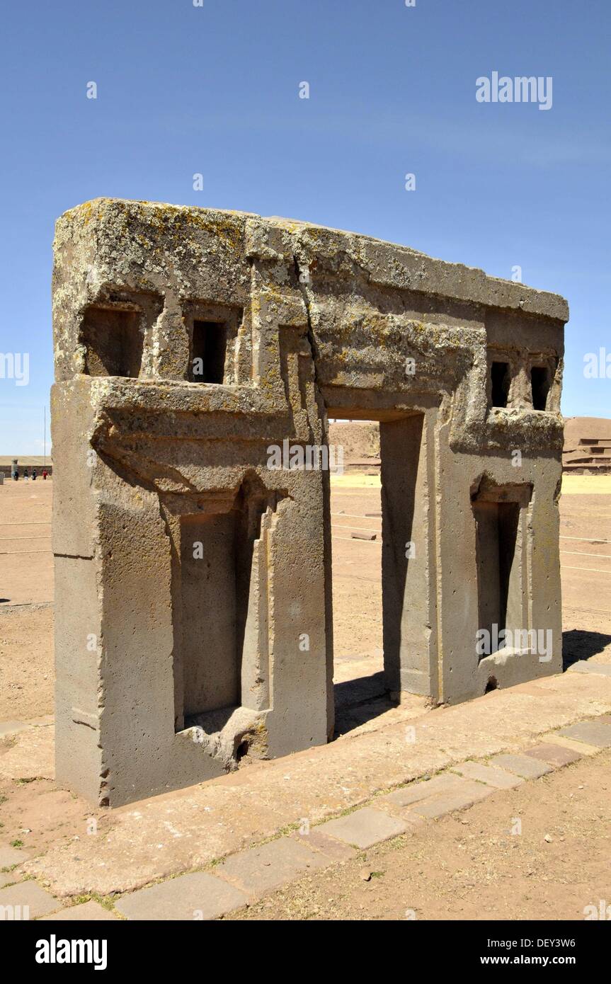 So-called Gate of the Sun is a megalithic solid stone arch or gateway constructed by the ancient Tiwanaku culture of Bolivia Stock Photo