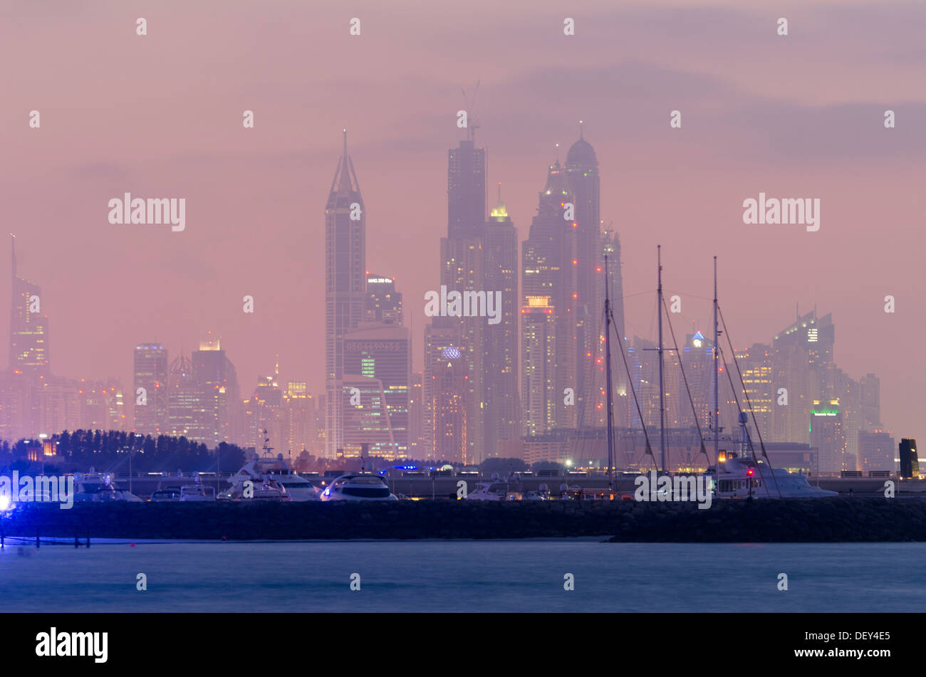 Skyline, Dubai Marina at dusk, Emirate of Dubai, United Arab Emirates Stock Photo