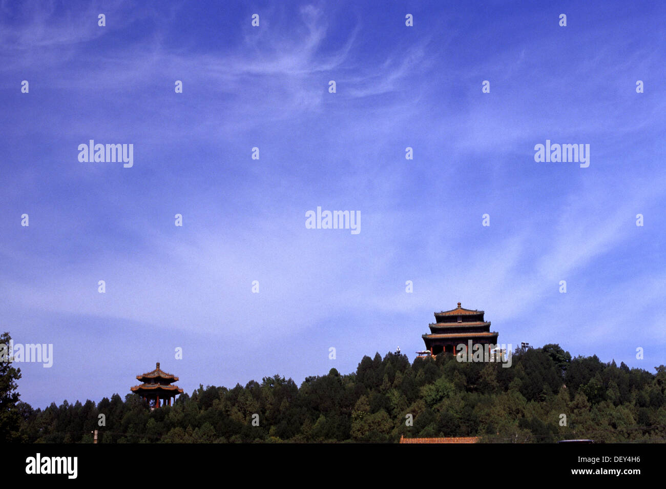 The Pavilion of Everlasting Spring (Wanchun-ting) perched on top of the artificial hill Jingshan Gongyuan Park in Beijing China Stock Photo