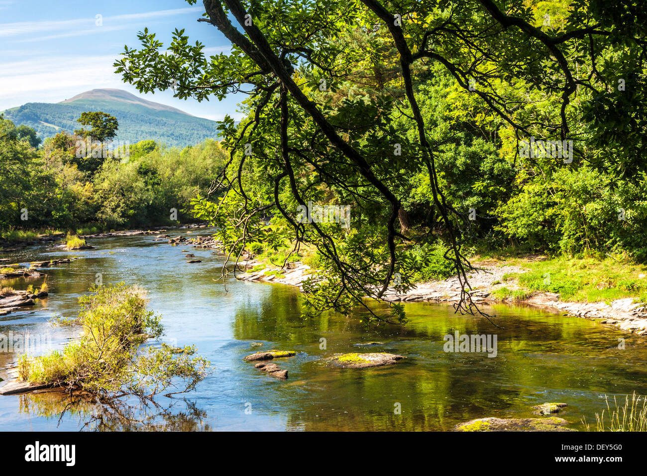 The River Usk looking towards Tor y Foel in the Brecon Beacons National Park, Wales. Stock Photo