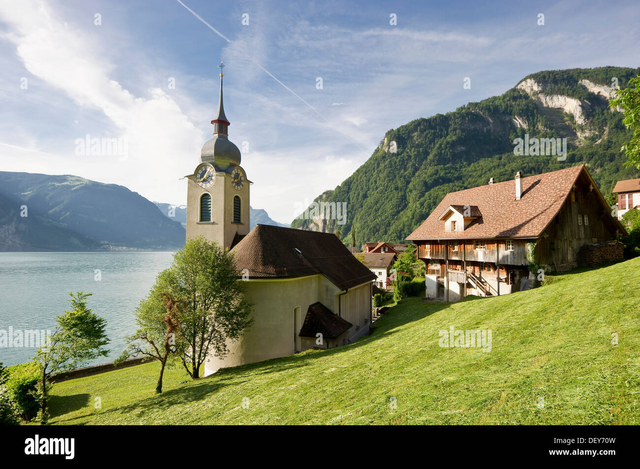 Church, Bauen, Lake Lucerne, canton of Uri, Switzerland, Europe Stock Photo