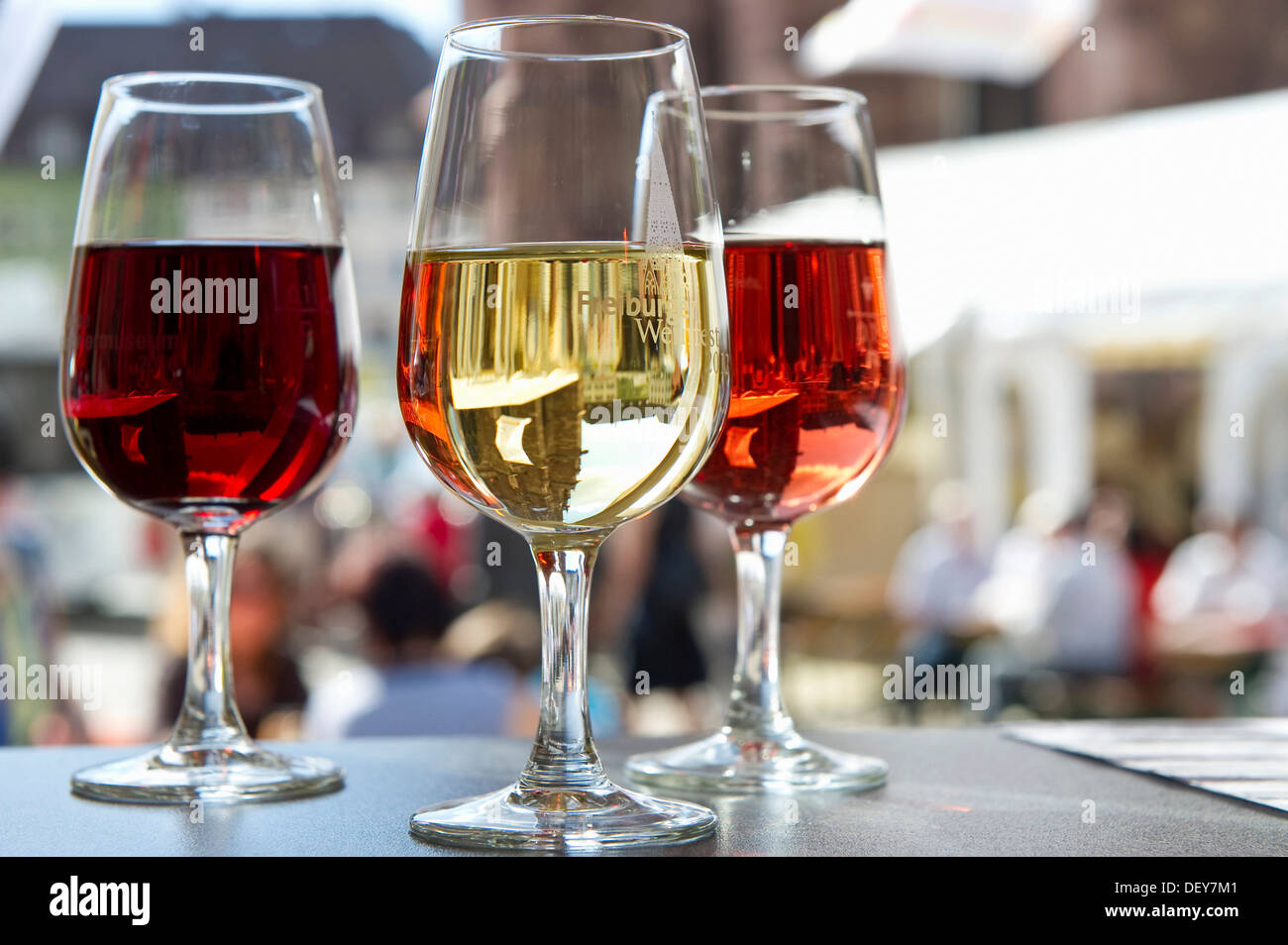 Glasses with red, white and rosé wine, wine festival, Freiburg im Breisgau, Black Forest, Baden-Wuerttemberg Stock Photo
