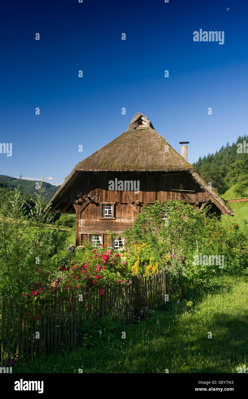 Thatched mill with a cottage garden, Oberprechtal near Elzach, Black Forest, Baden-Wuerttemberg Stock Photo