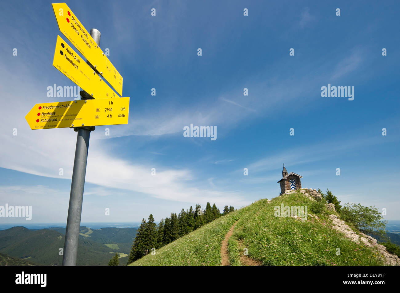 Freudenreich chapel and signposts at Mt Brecherspitz, Spitzingsee Lake, Schliersee, Bavaria Stock Photo
