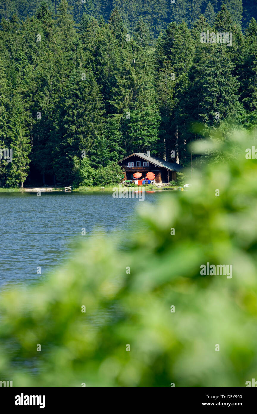 Wooden hut at Spitzingsee Lake, Schliersee, Bavaria Stock Photo