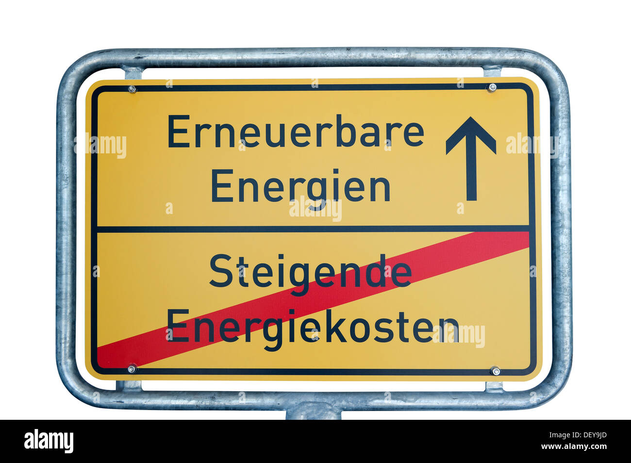 City limit sign, entering Erneuerbare Energien, leaving Steigende Energiekosten, German for starting renewable energy to end Stock Photo