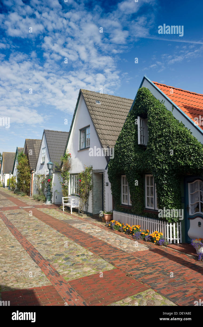 Captains' houses in Carl-Haeberlin-Strasse street, Wyk, Foehr island, North Frisia, Schleswig-Holstein Stock Photo