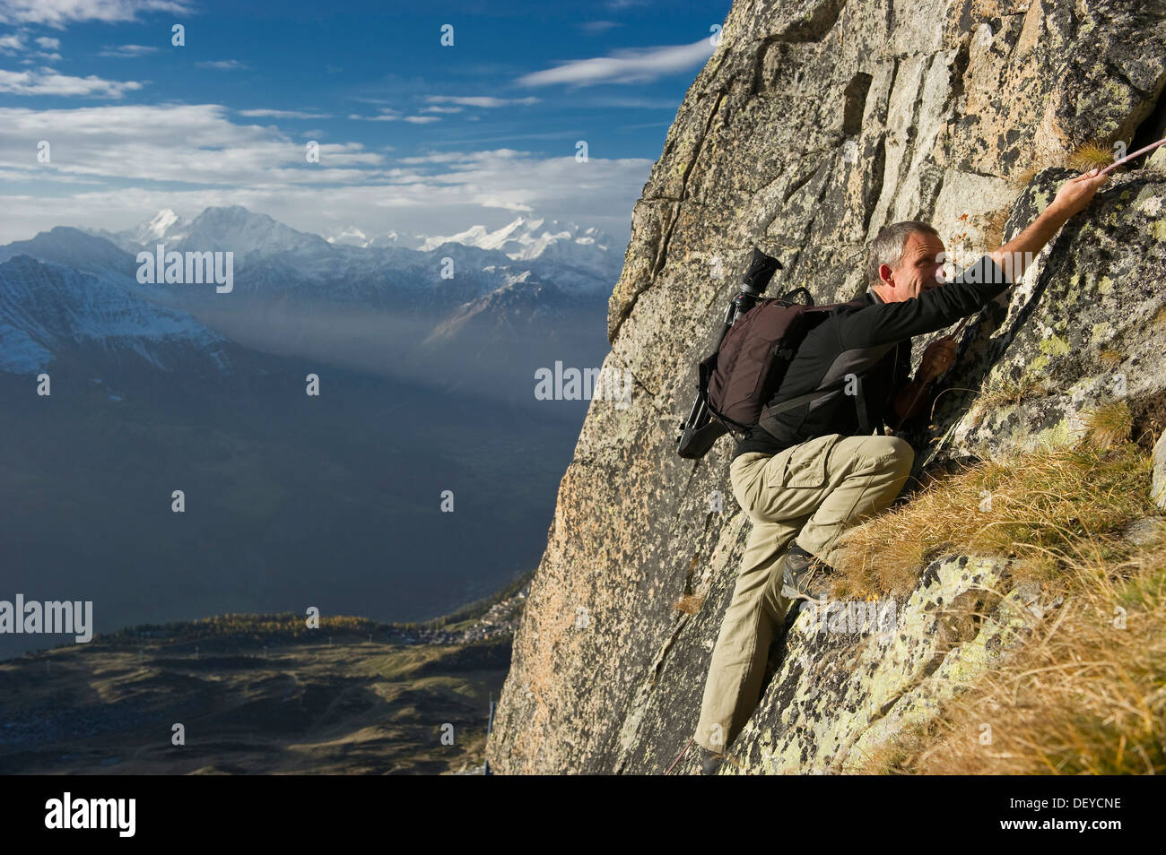 Climber on Bettmerhorn Mountain, Bettmeralp, Valais, Switzerland, Europe Stock Photo