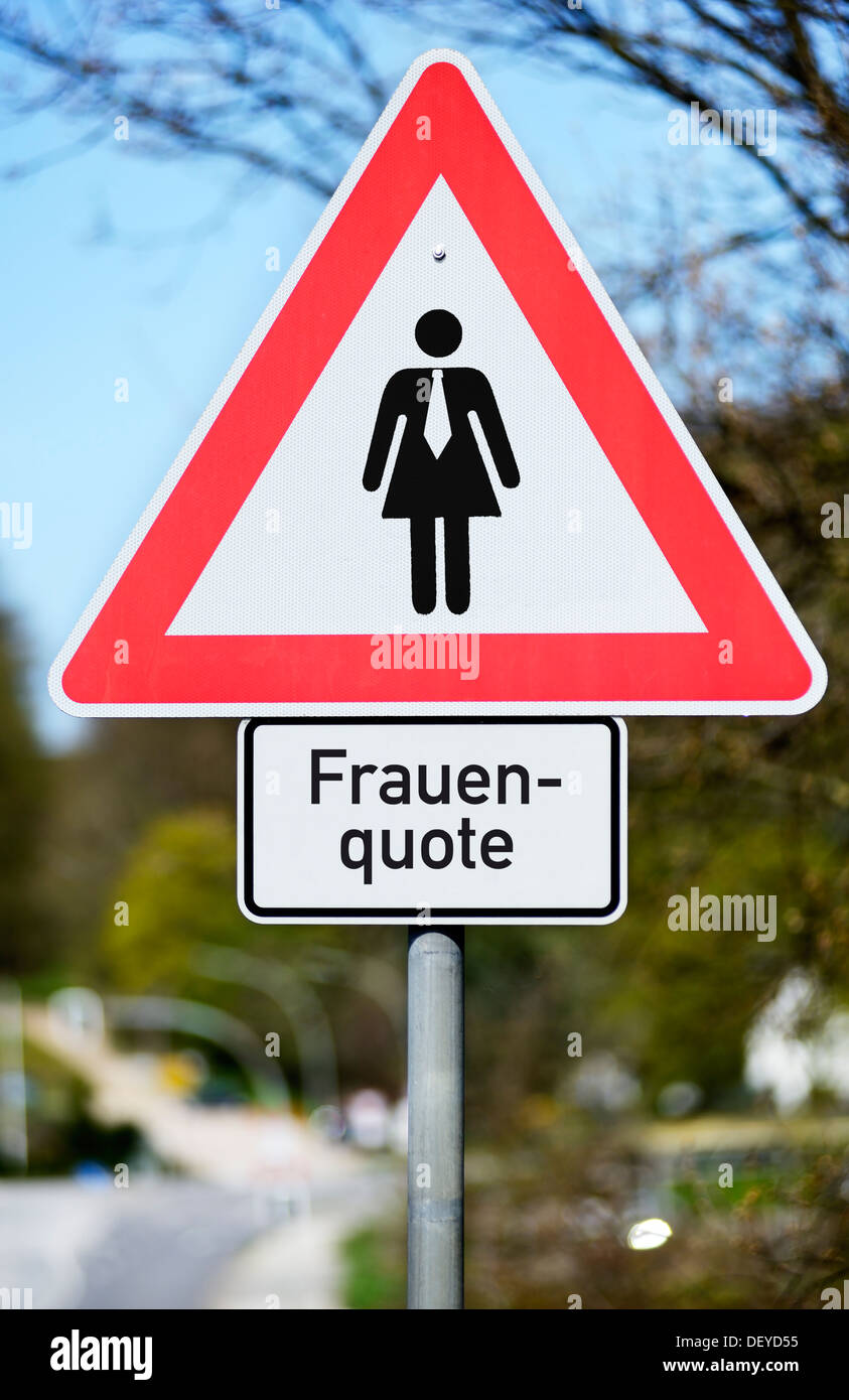Road sign with women's pictogramme and label Women's rate, Photomontage, Verkehrsschild mit Frauenpiktogramm und Aufschrift Frau Stock Photo