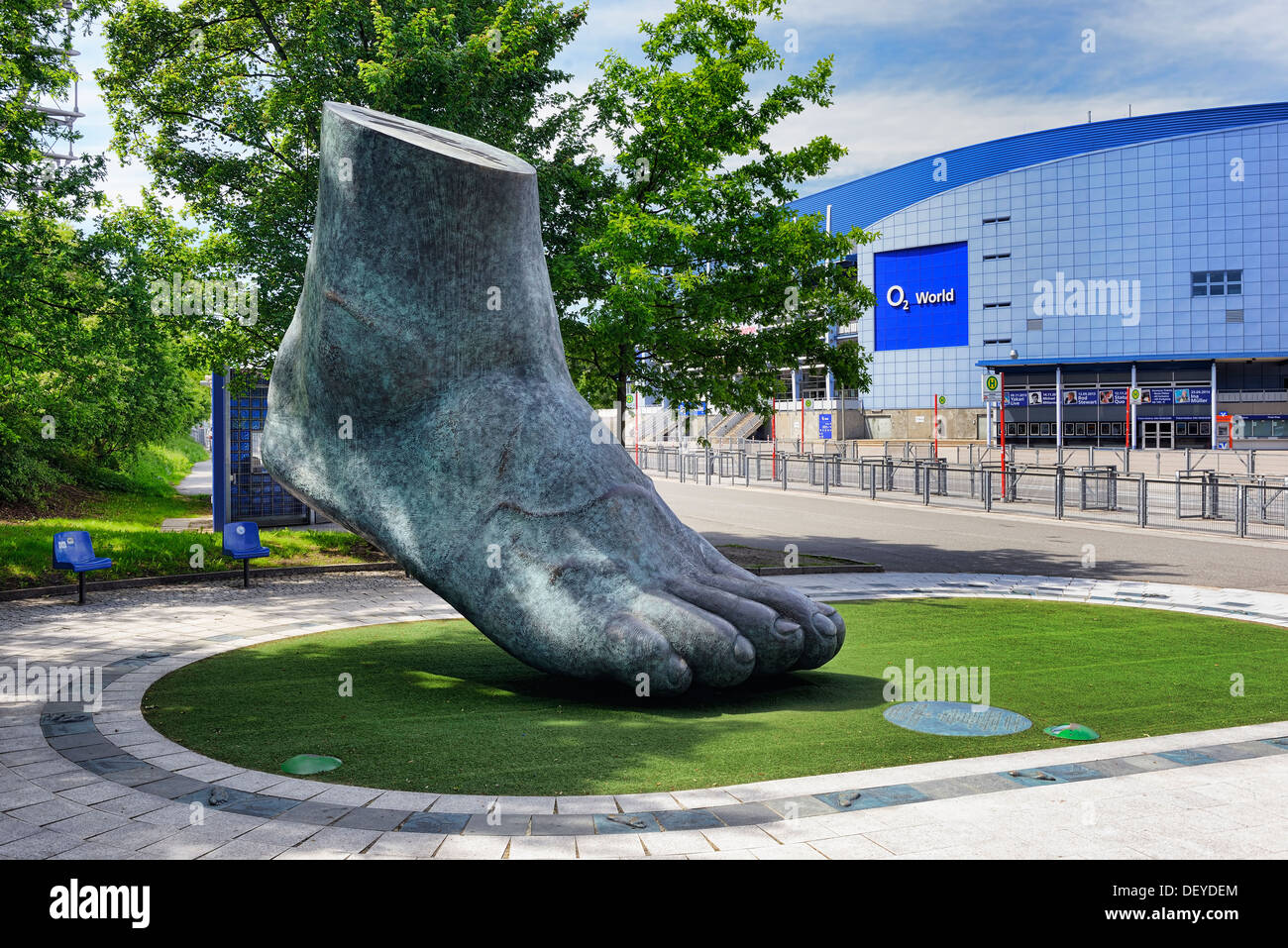 Sculpture of the foot of football legend Uwe Seeler of artist Brigitta Schmitges in stretcher field, Hamburg, Germany, Europe, S Stock Photo