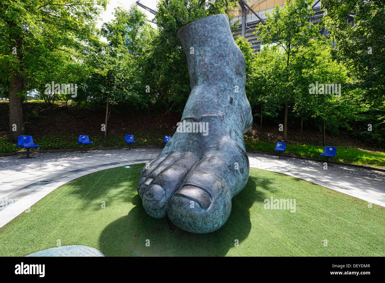 Sculpture of the foot of football legend Uwe Seeler of artist Brigitta Schmitges in stretcher field, Hamburg, Germany, Europe, S Stock Photo
