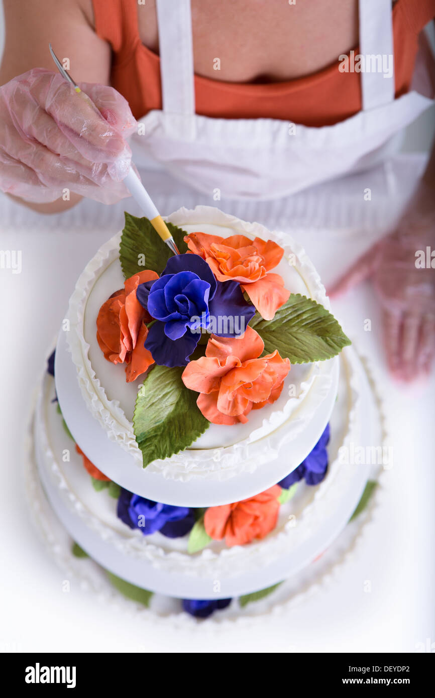 Woman doing latest touches to a cake with her gloves on, shot from above, cake have orange and purple flowers with green leaves Stock Photo