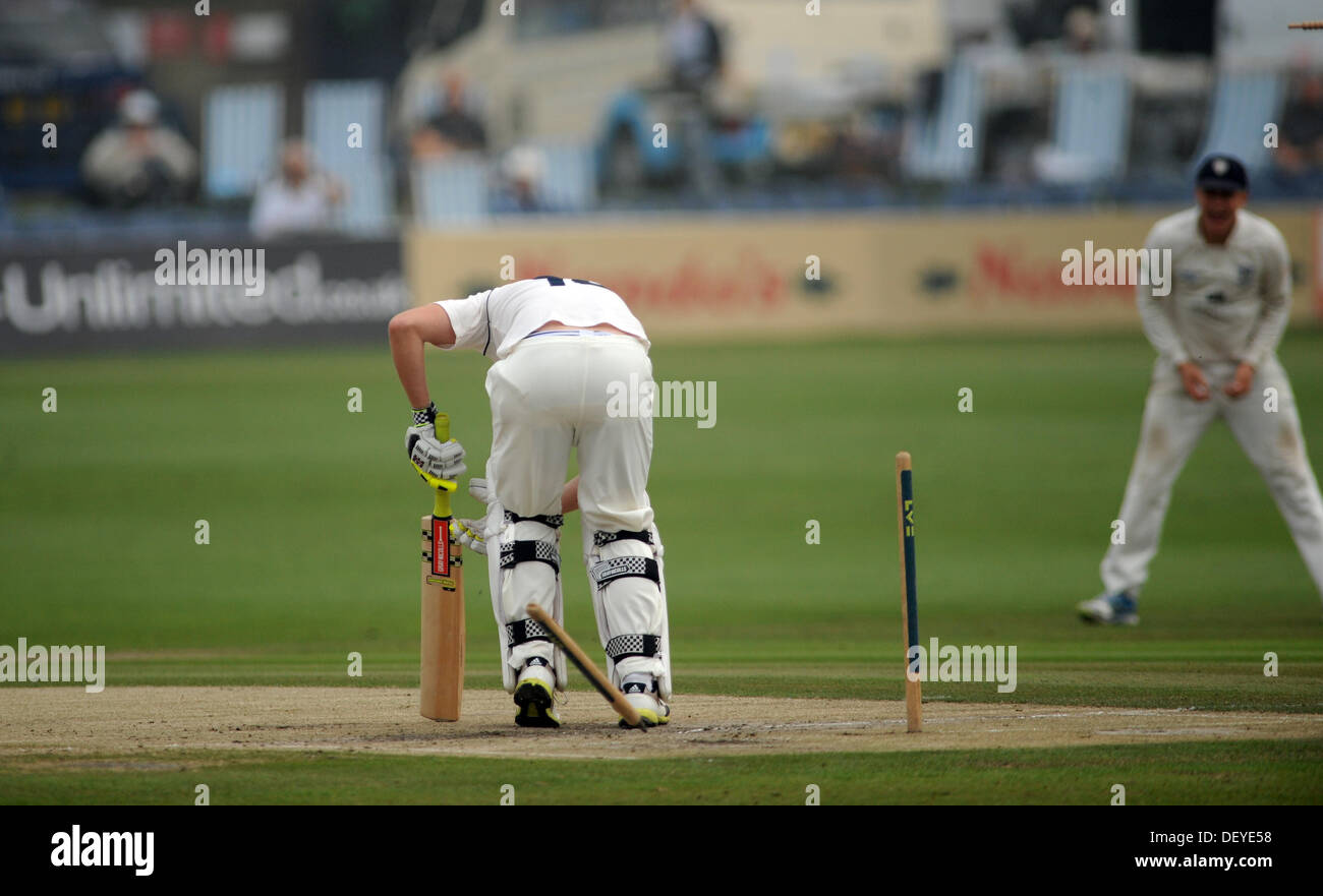 Luke Wright of Sussex is bowled for 87 runs by Durham's Chris Rushworth during the second days play in their LV Championship Cricket match at Hove Stock Photo