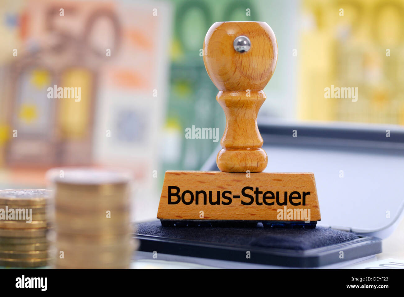 Stamp with the writing "Bonus-Steuer", bonus tax Stock Photo