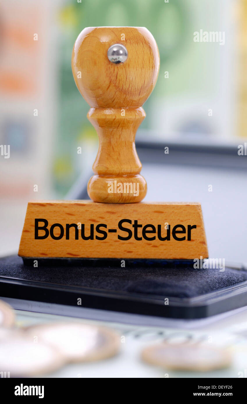Stamp with the writing "Bonus-Steuer", bonus tax Stock Photo