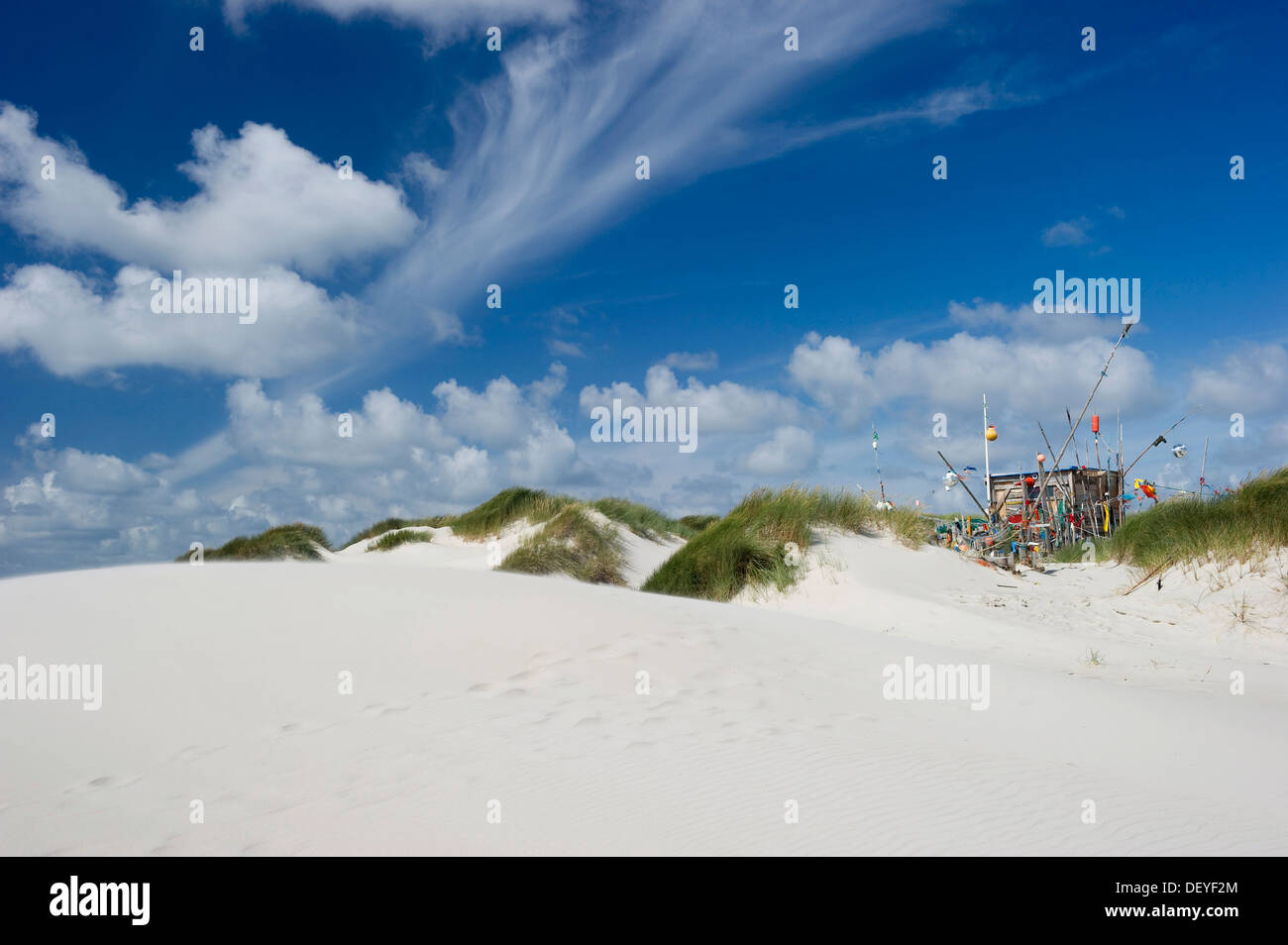 Dunes, white sandy beach and a hut made of flotsam, Kniepsand, Amrum, Amrum, North Frisian Islands, Schleswig-Holstein, Germany Stock Photo