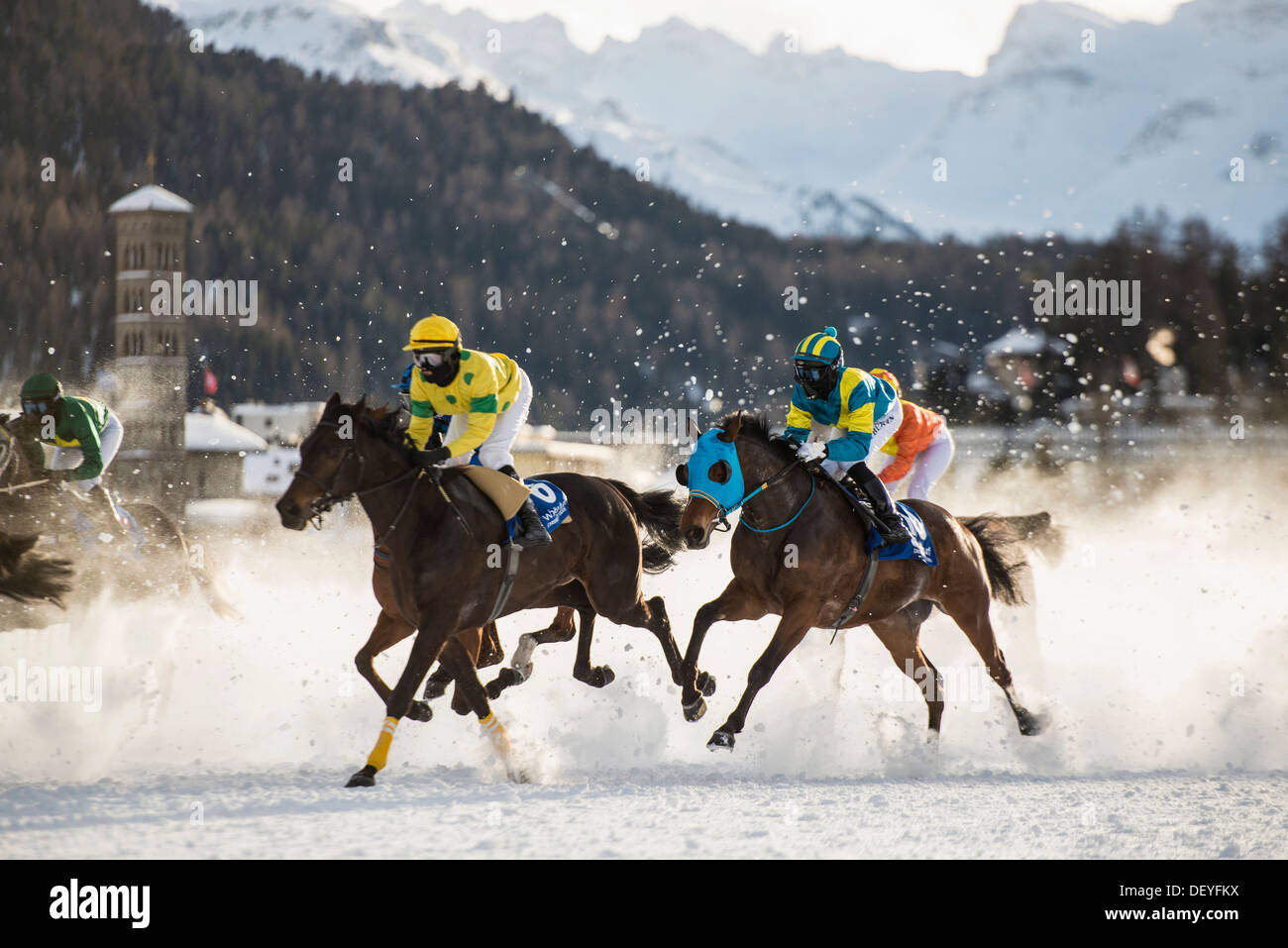 Horse racing on a frozen lake, St. Moritz, Engadin, Graubünden, Switzerland Stock Photo
