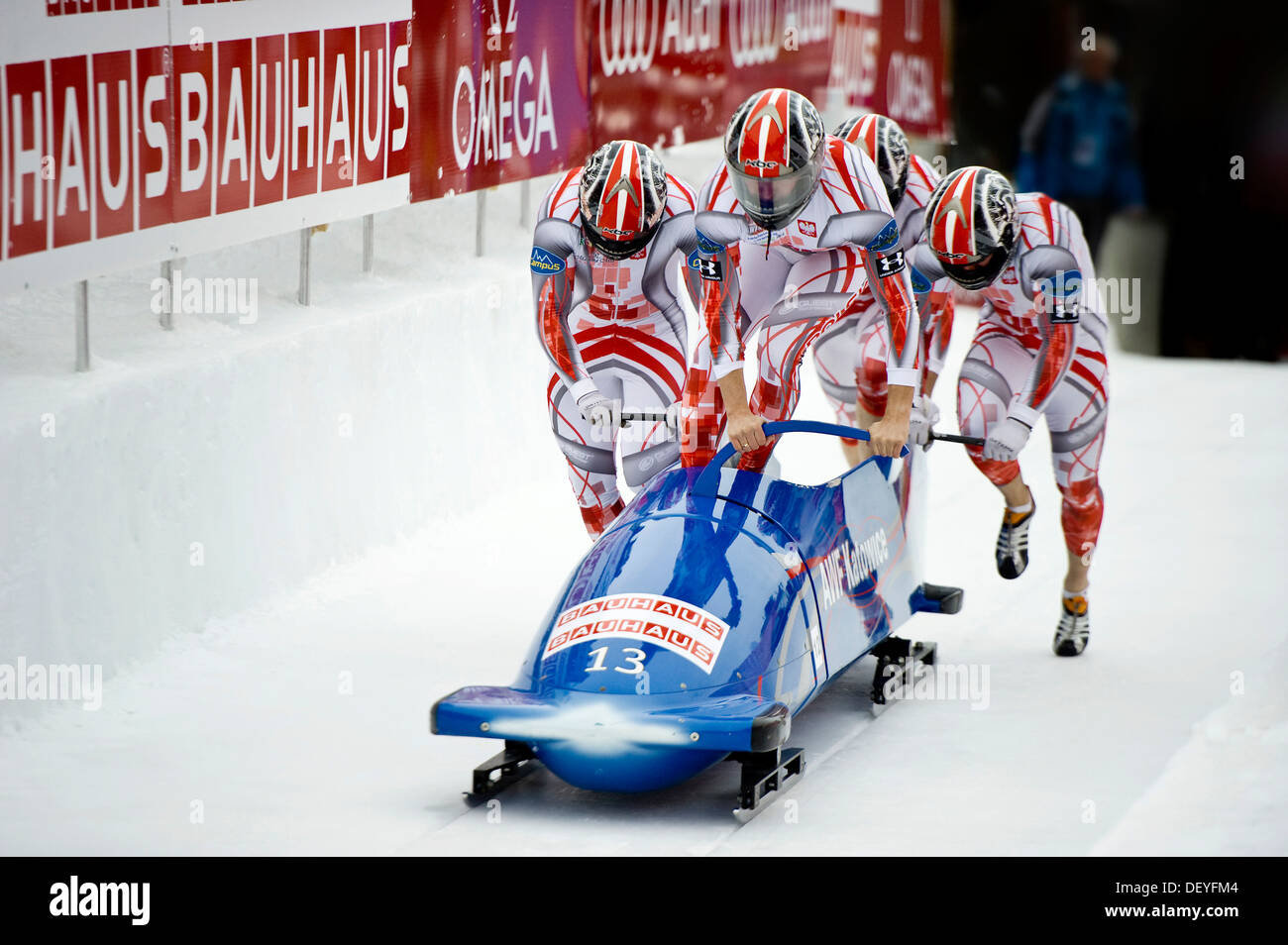 Polish 4-man bobsleigh team, with Dawid Kupczyk, Daniel Zalewski, Pawel Mroz, Niewiara Marcin, 4-man Bobsleigh World Cup Stock Photo