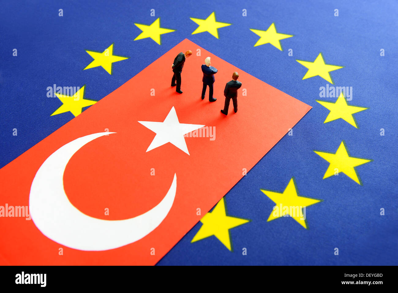 Turkey flag and EU flag, EU negotiation of accession with Turkey Stock Photo