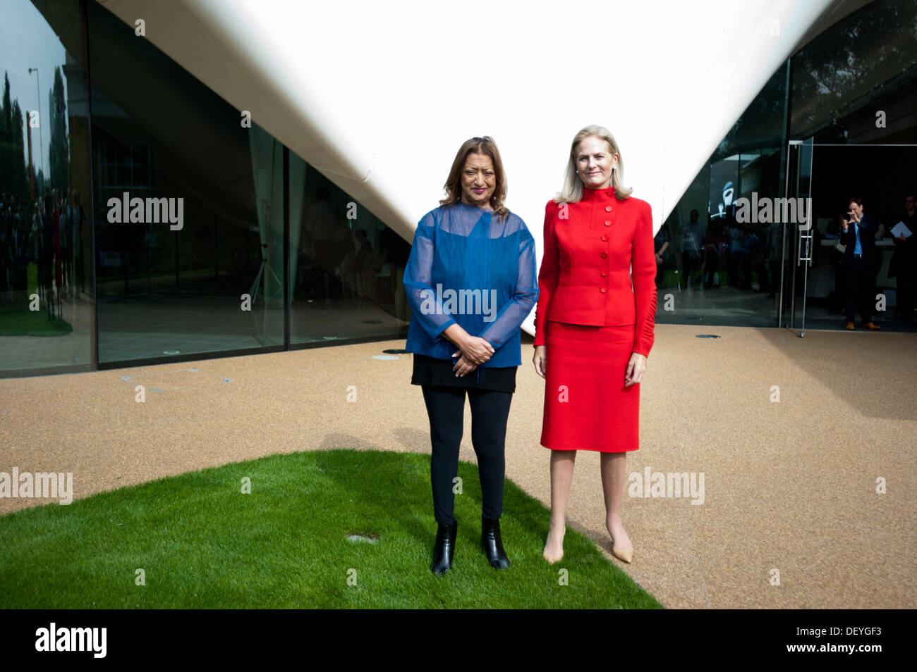 London, UK - 25 September 2013: architect Zaha Hadid (L) and Dame Theresa Sackler (R) pose for pictures in front of the new Serpentine Sackler Gallery in London. Credit:  Piero Cruciatti/Alamy Live News Stock Photo