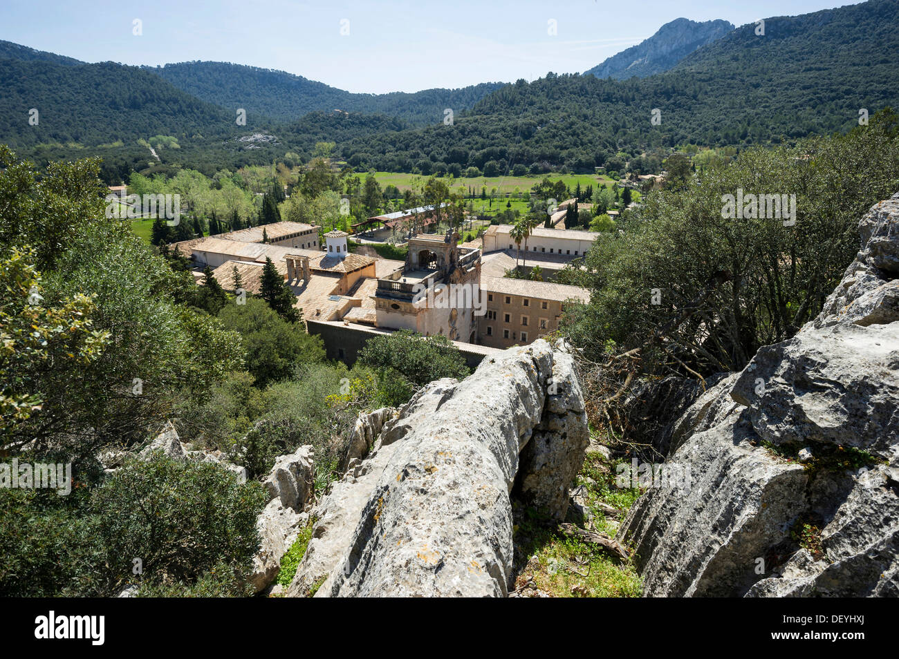 Monastery buildings and rural landscape, Kloster Lluc, Tramuntana, Majorca, Balearic Islands, Spain Stock Photo