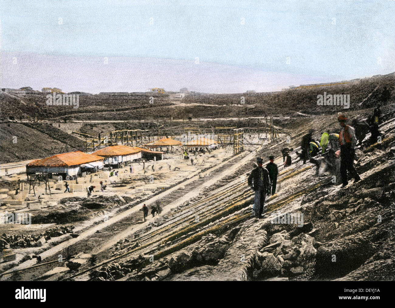 Building the stadium in Athens for the first modern Olympic Games, held in 1896. Hand-colored halftone of a photograph Stock Photo