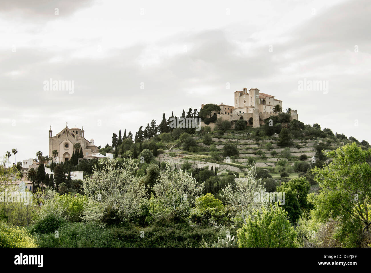 Hills with terraces and churches, Arta, Majorca, Balearic Islands, Spain Stock Photo