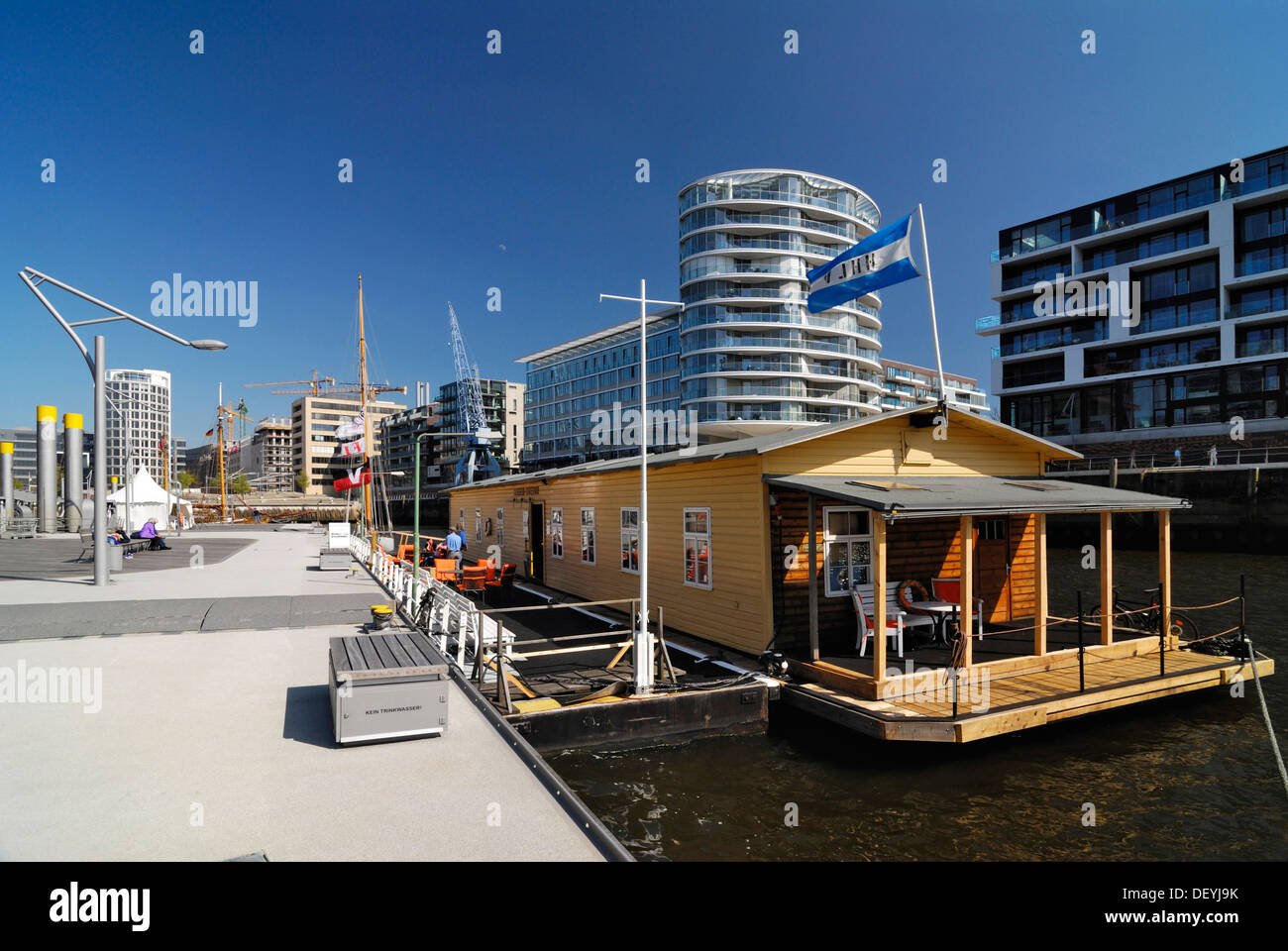 Houseboat in the traditional ship port, HafenCity, Hamburg Stock Photo