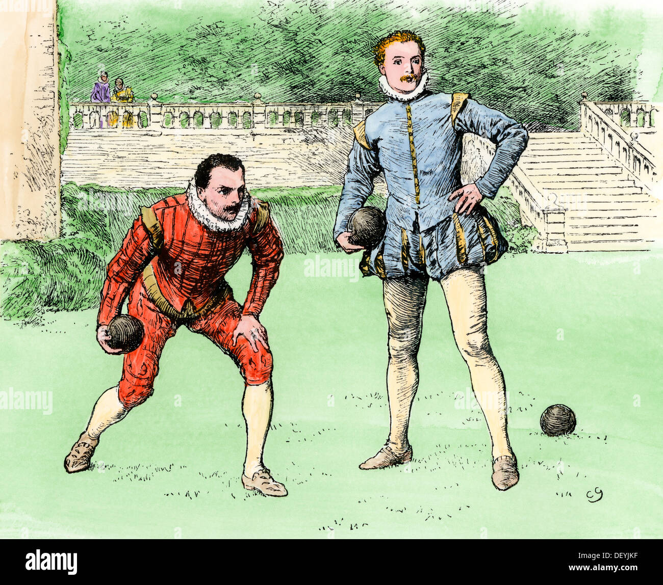 Young men in their doublets playing bowls, 1500s. Hand-colored woodcut Stock Photo