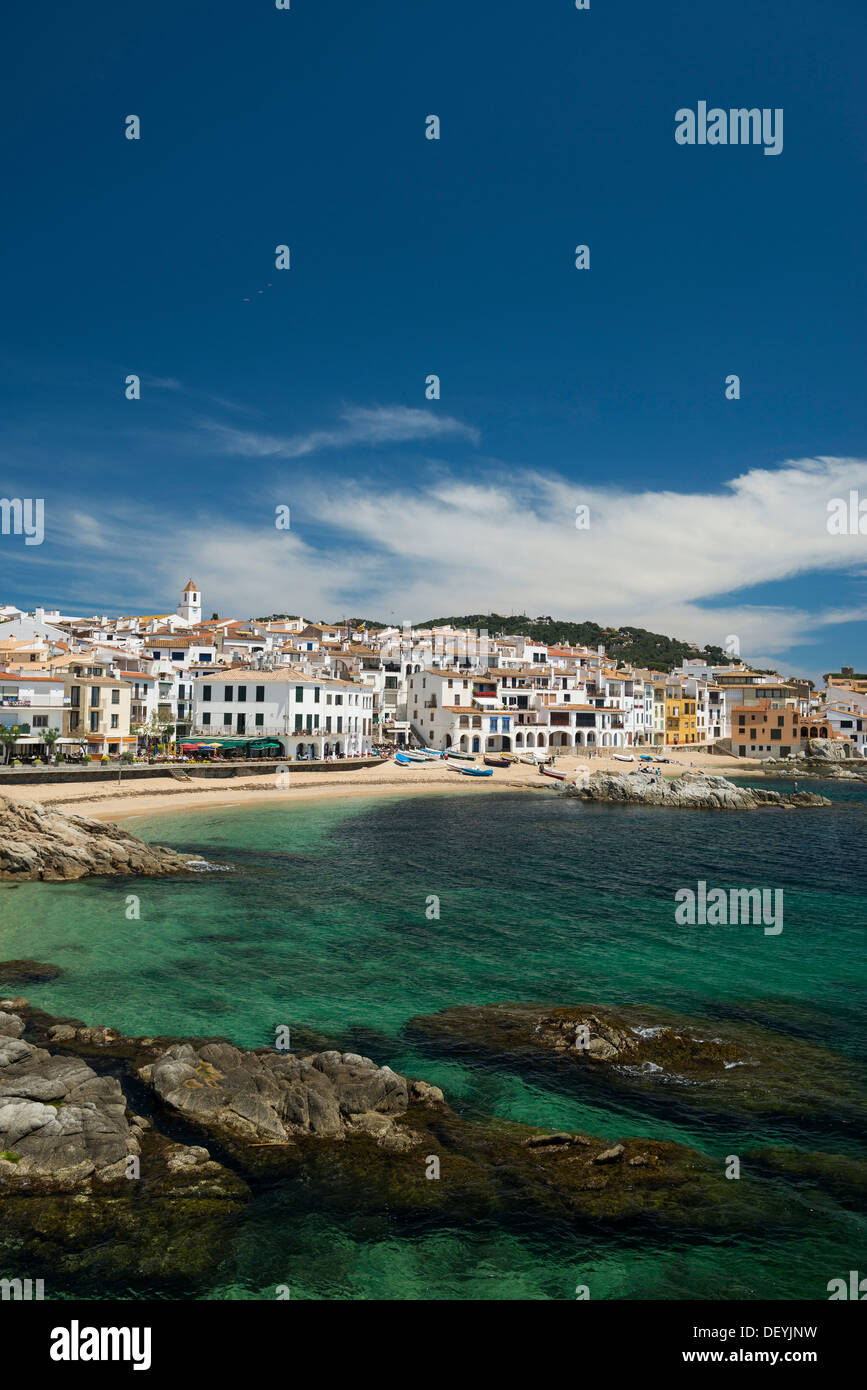 Village with white houses by the sea, Calella de Palafrugell, Palafrugell, Costa Brava, Catalonia, Spain Stock Photo