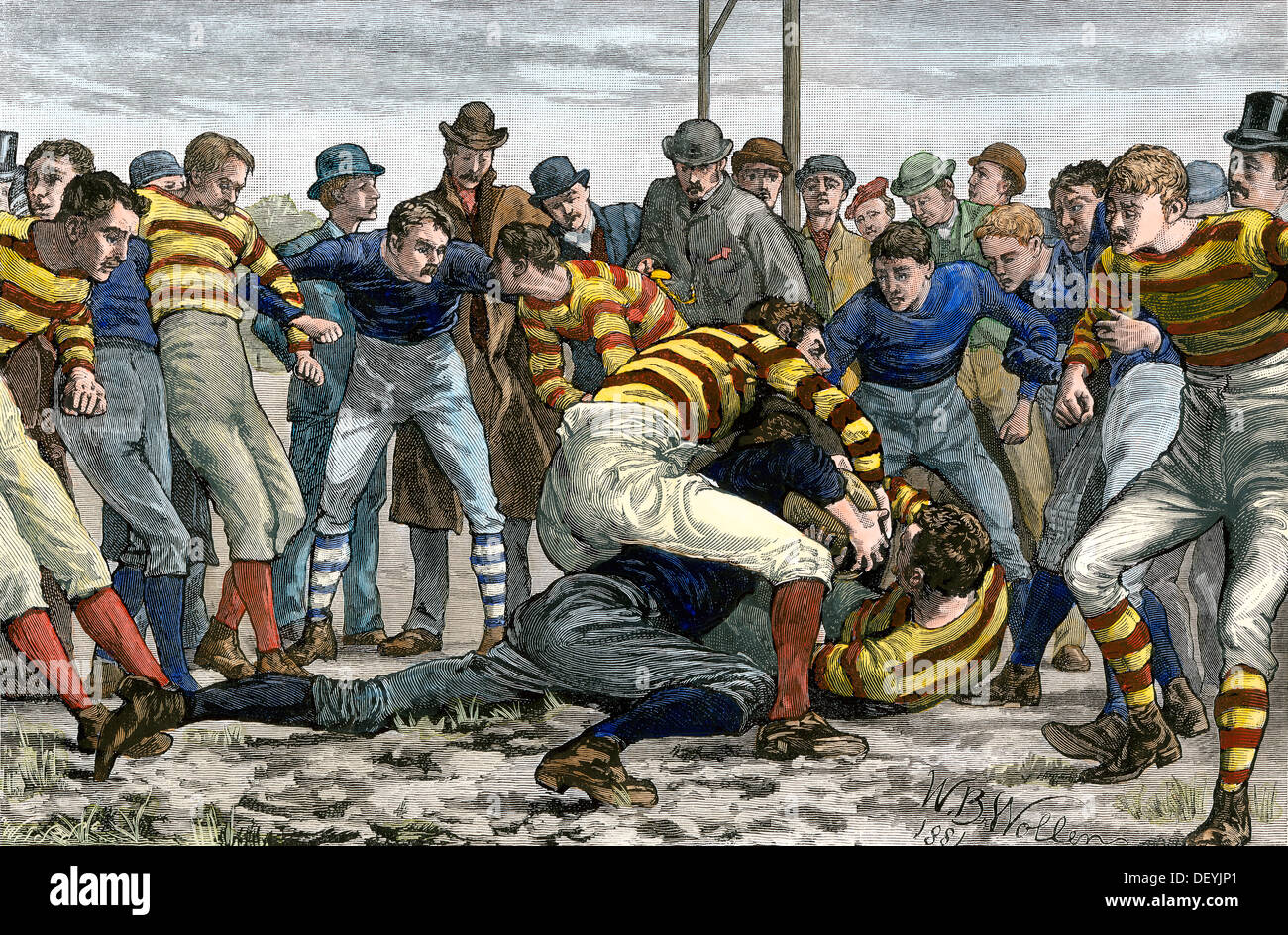 Scoring a goal in English football, 1880s. Hand-colored woodcut Stock Photo