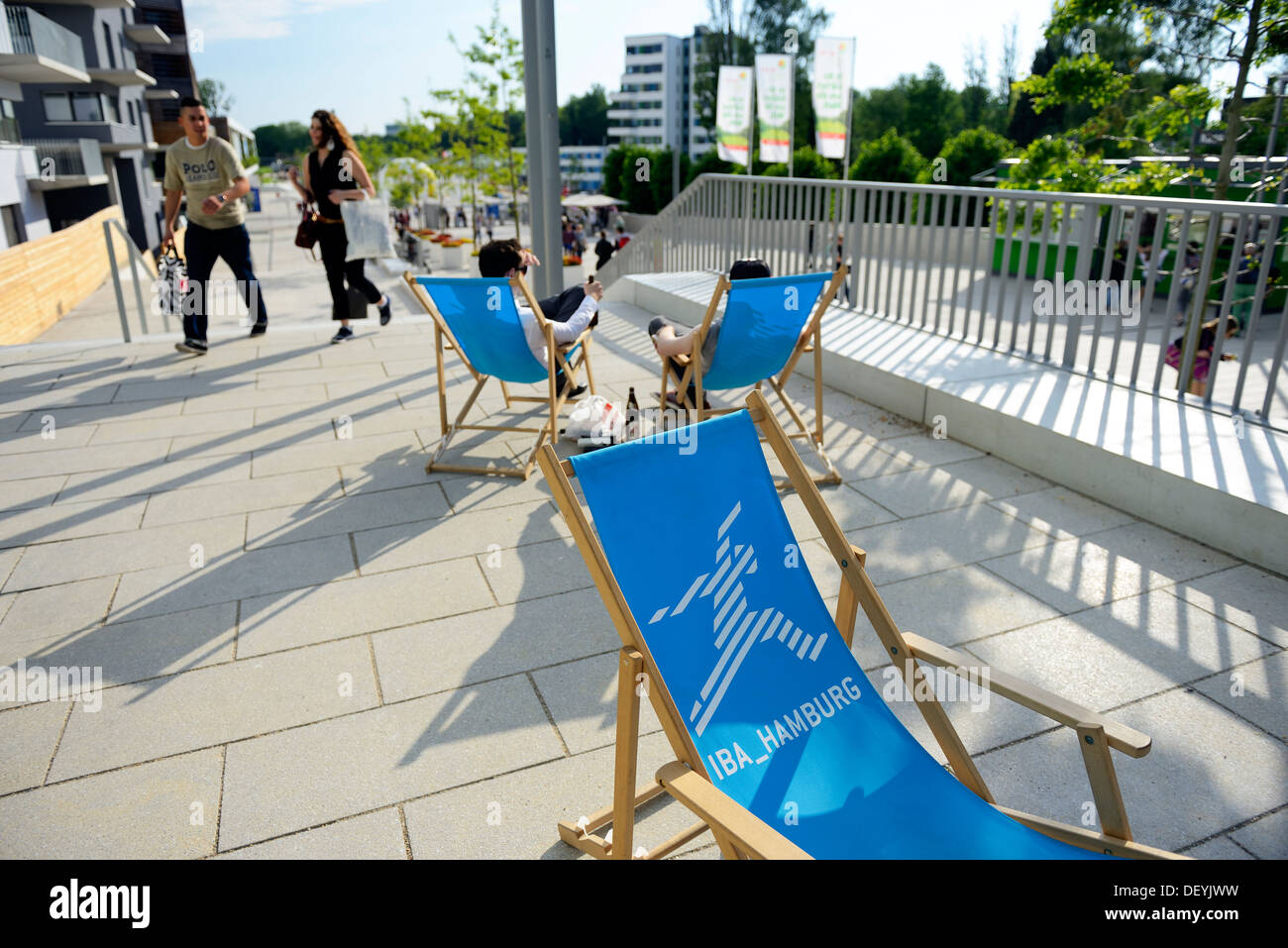 Deck chairs with Hamburg-Logo IBA and entrance to the international horticultural show in Hamburg, Germany, Europe, Liegestühle Stock Photo