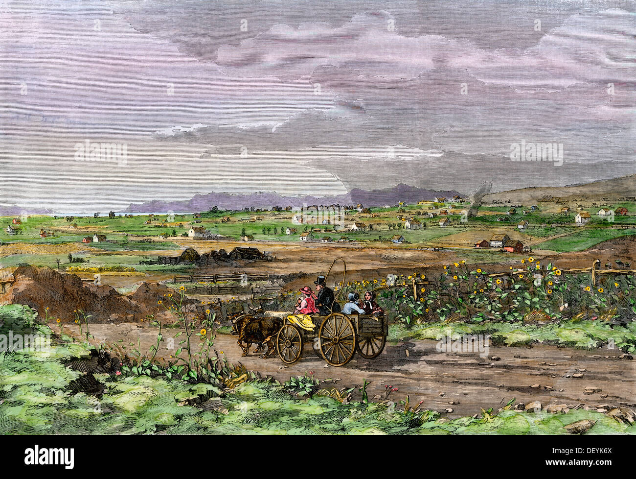 Mormon family wagon on the outskirts of Salt Lake City, 1858. Hand-colored woodcut Stock Photo