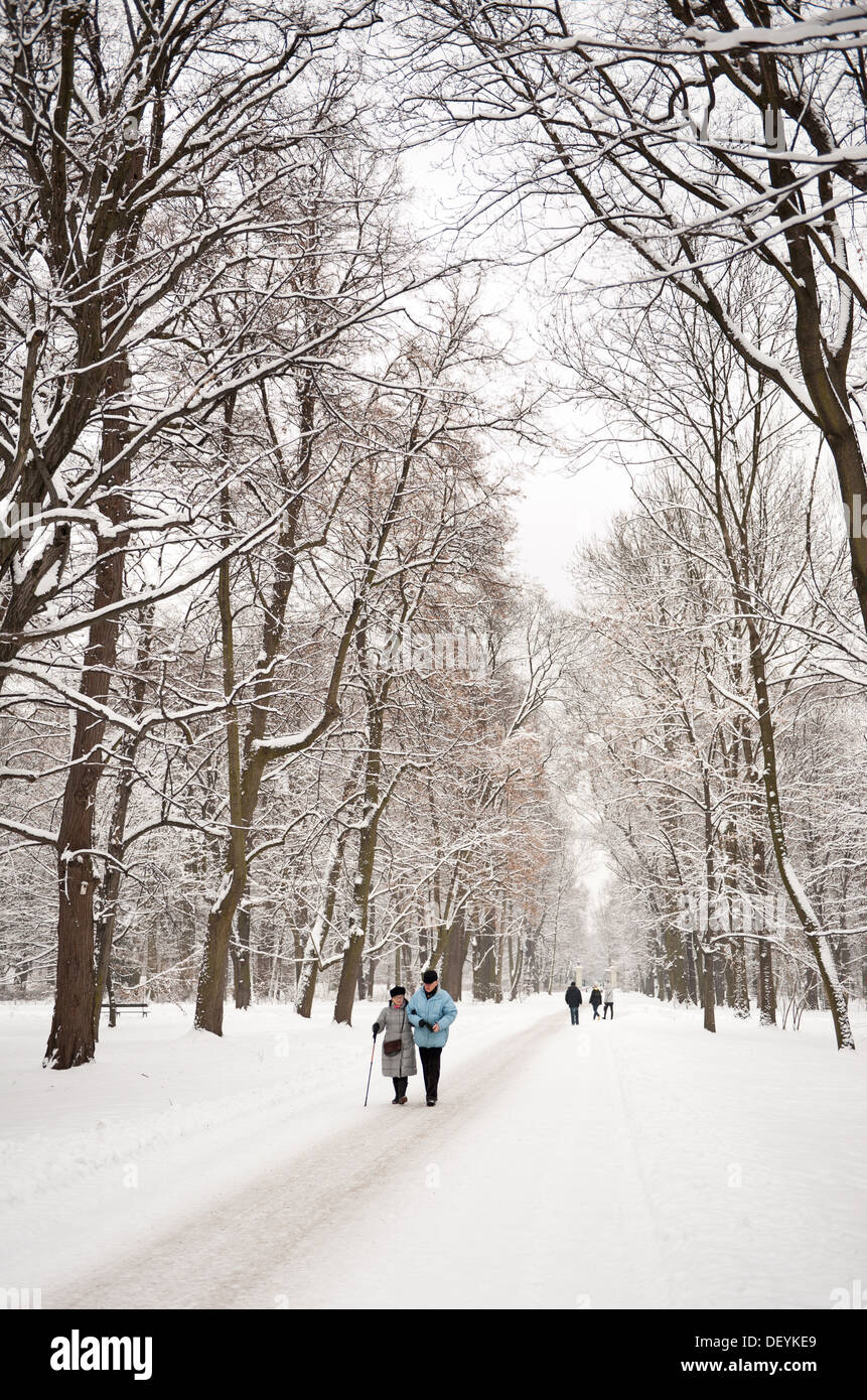 Aged tourists couple walking in snowy park Stock Photo