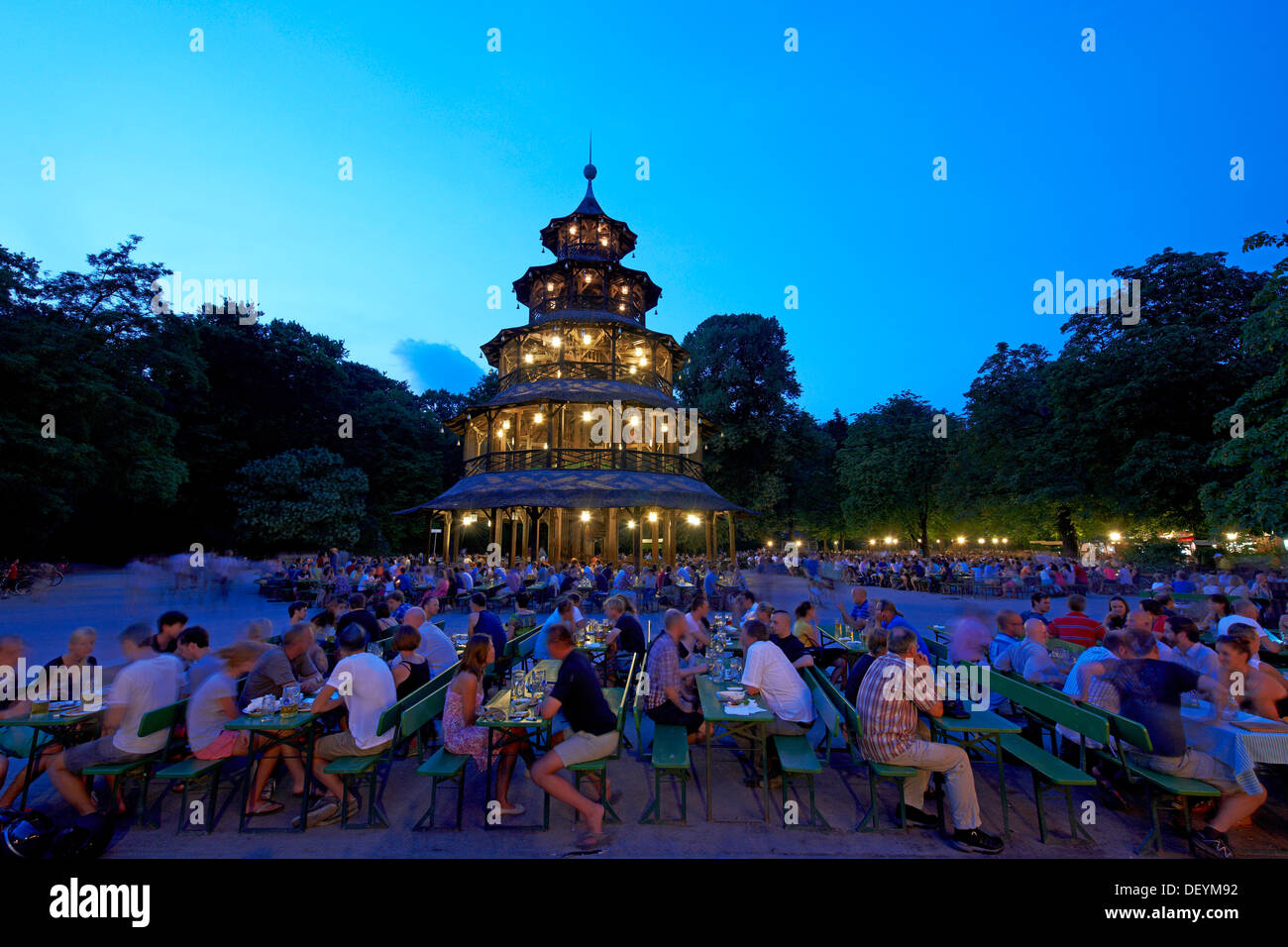 Beer garden at the Chinese Tower in the English Garden, Munich, Upper Bavaria, Bavaria, Germany Stock Photo