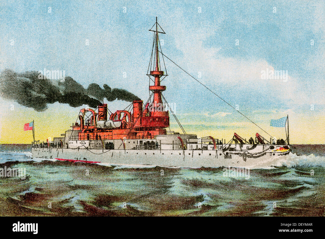 U.S. battleship 'Indiana' circa 1900. Color lithograph Stock Photo