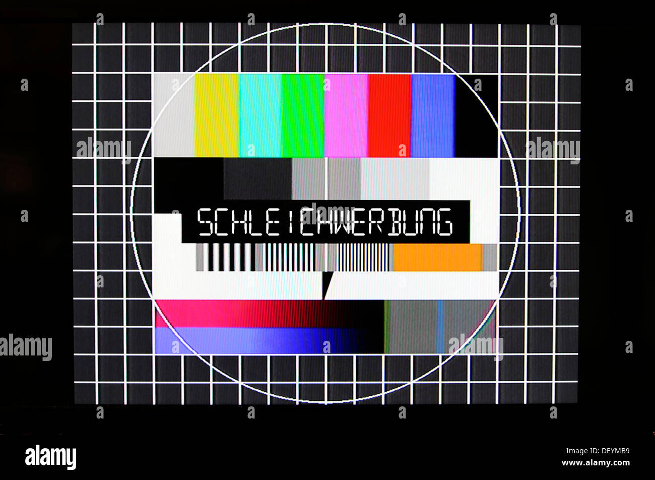 Television test pattern showing the message 'Schleichwerbung', German for surreptitious advertising Stock Photo