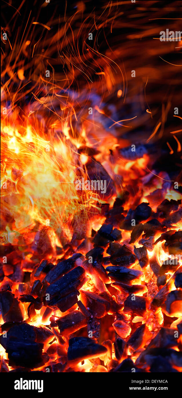 burning charcoal background with fire and sparks Stock Photo Alamy