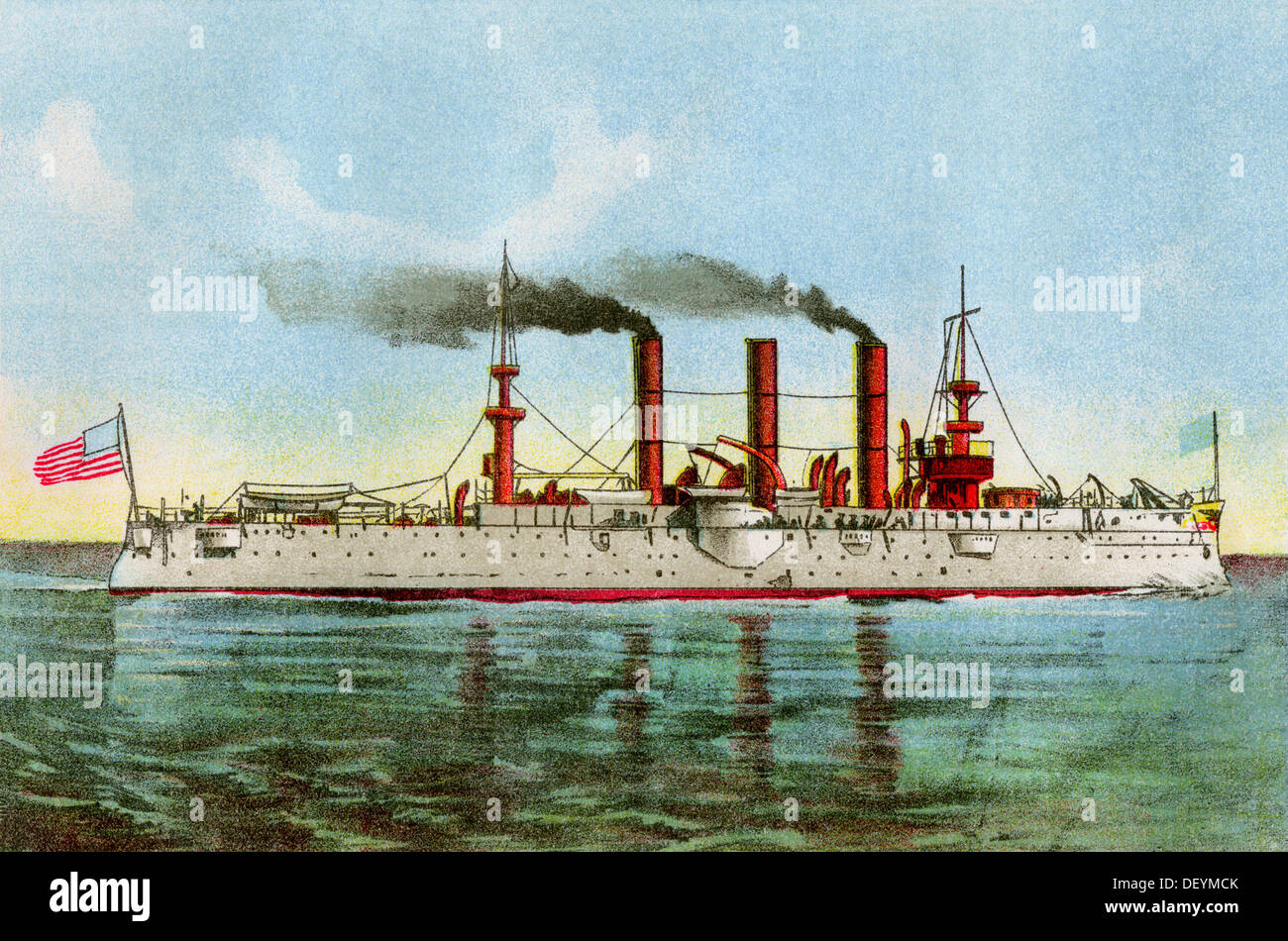 Armored cruiser USS 'Brooklyn' circa 1900. Color lithograph Stock Photo