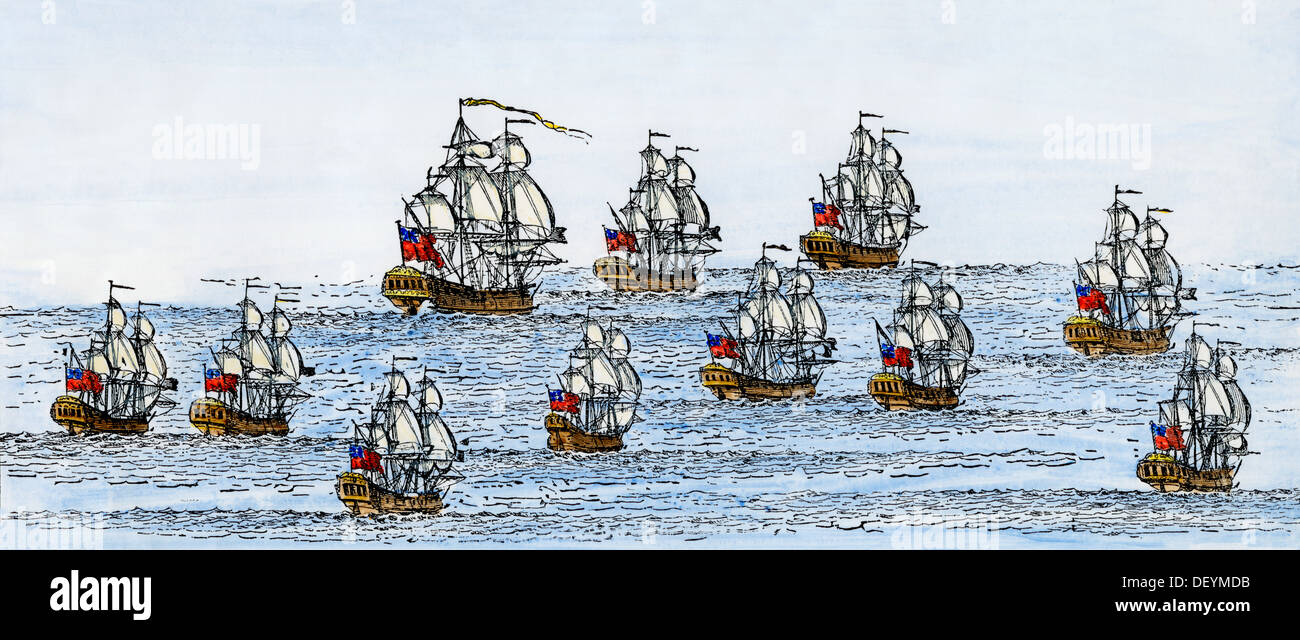 English war fleet of the early 1700s, some ships built in New England in the 1690s. Hand-colored woodcut Stock Photo
