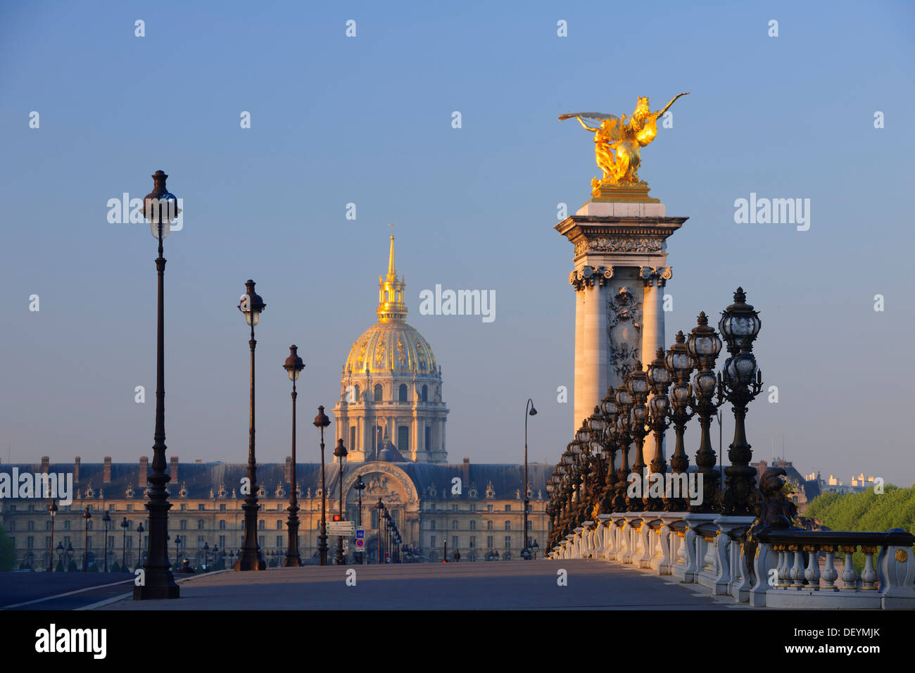 Pont Alexandre III. with the dome of Les Invalides, Paris, Ile-de-France, France Stock Photo